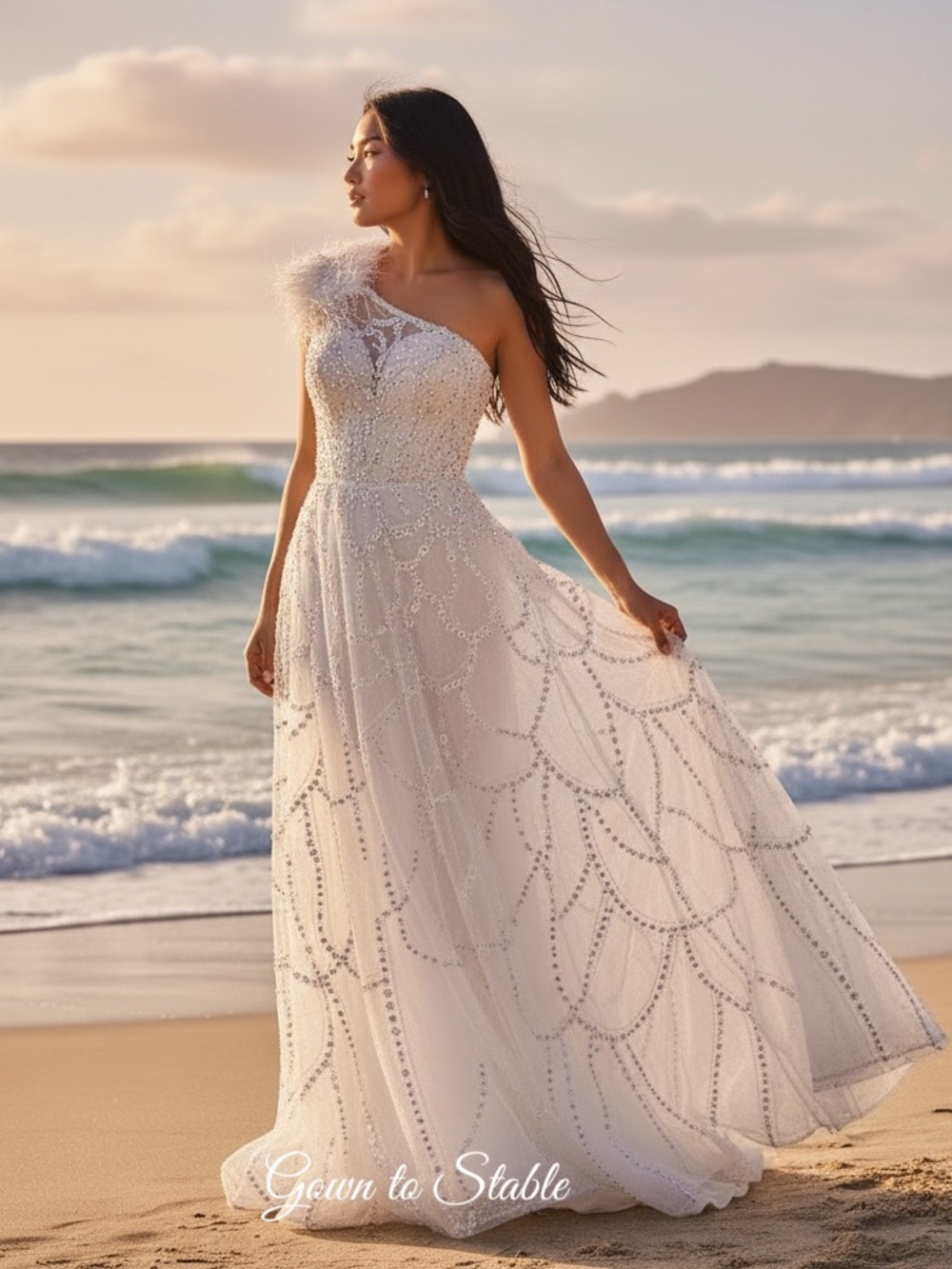 Mac Duggal White Embellished One Shoulder A Line Gown